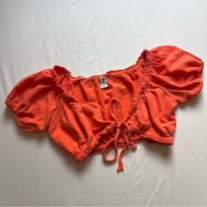 BLANCO cotton gauze coral orange citrus puff sleeve cropped tie front blouse